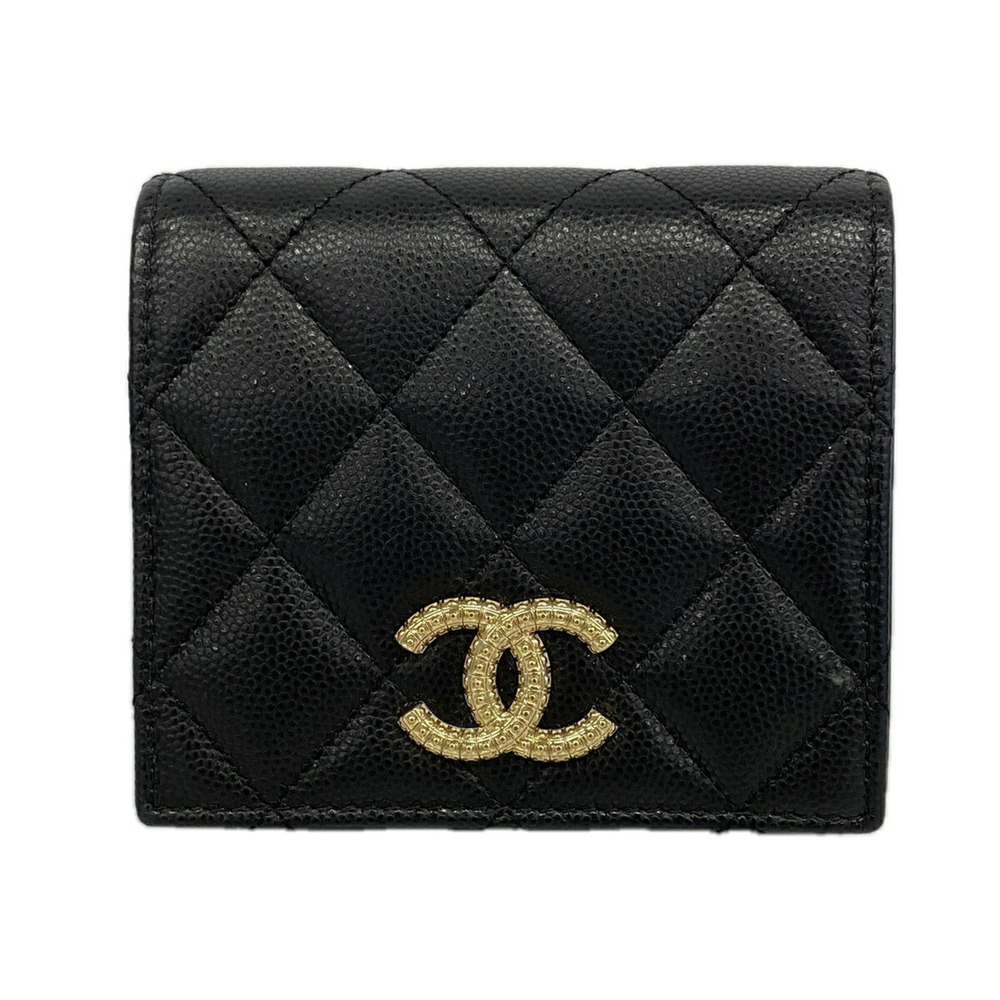 Chanel Matelassé wallet, caviar leather, black and champagne color, for women.